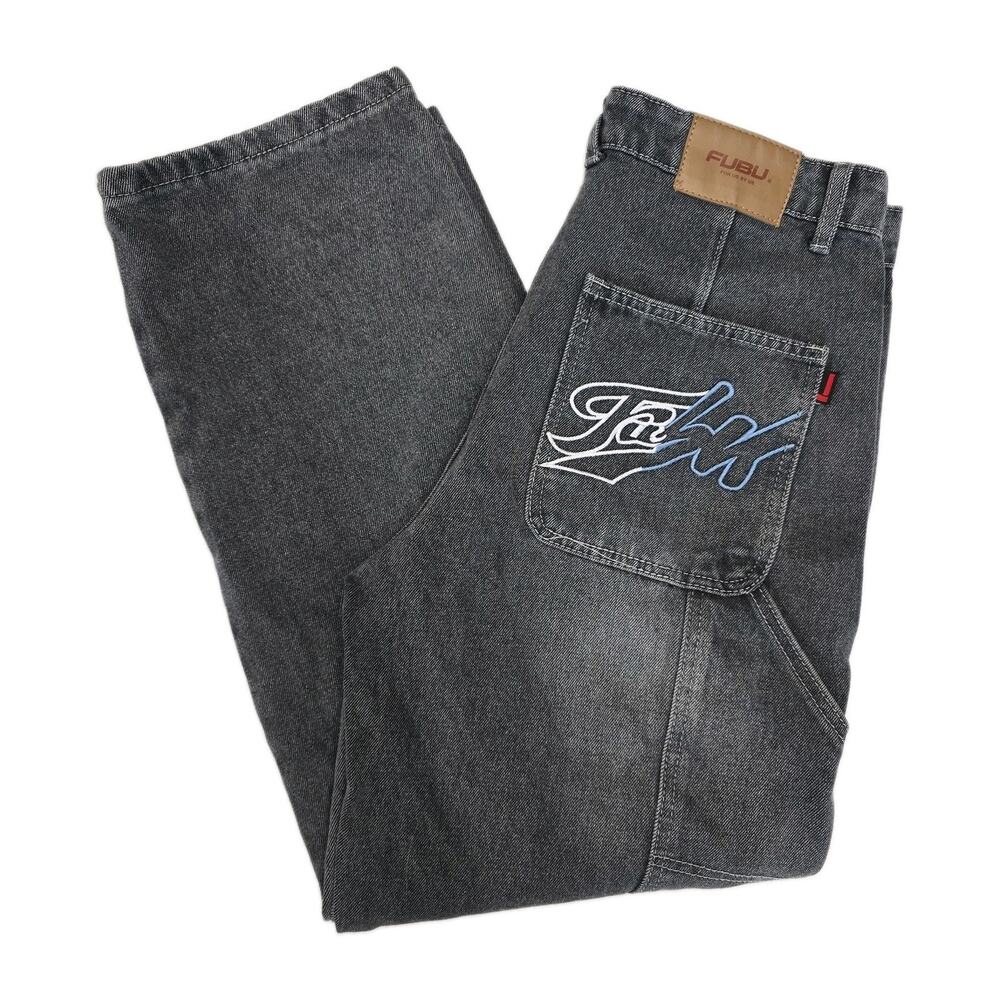 Vtg 90s FUBU Baggy Grey Carpenter Jeans 34x30 Y2K Hip Hop Skater OG Streetwear